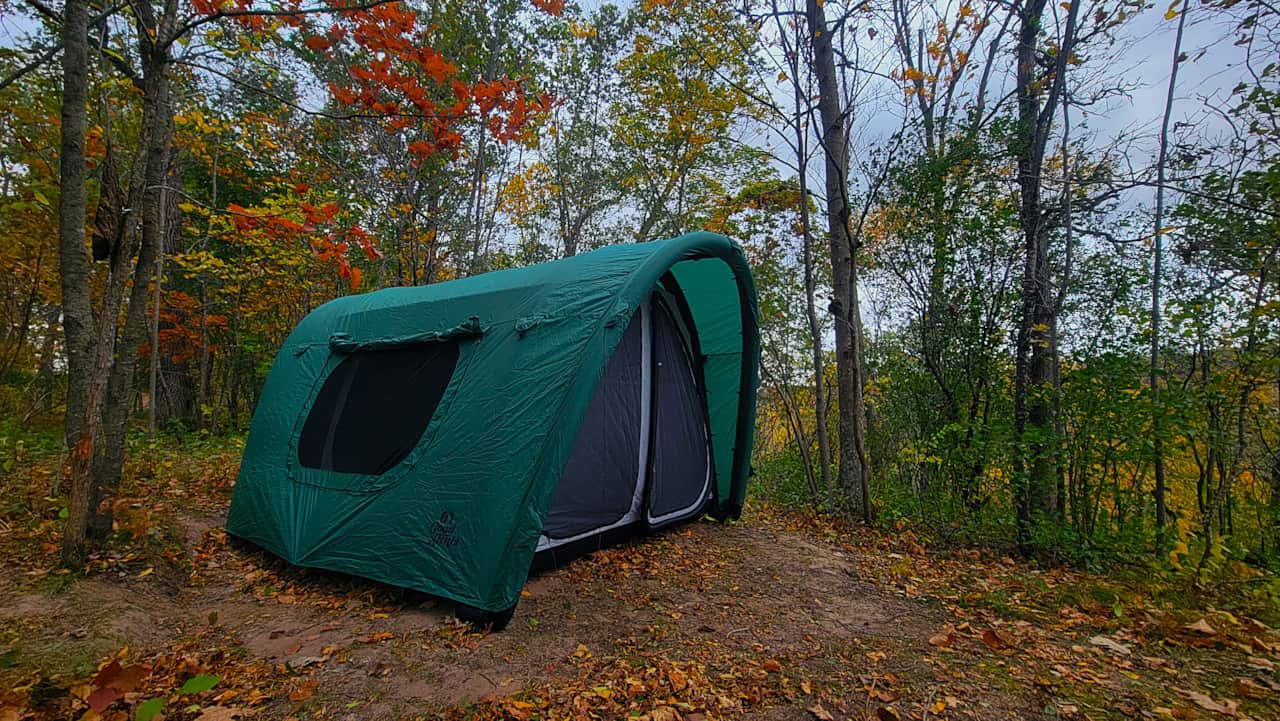 Tilia tent outside in fall facing north