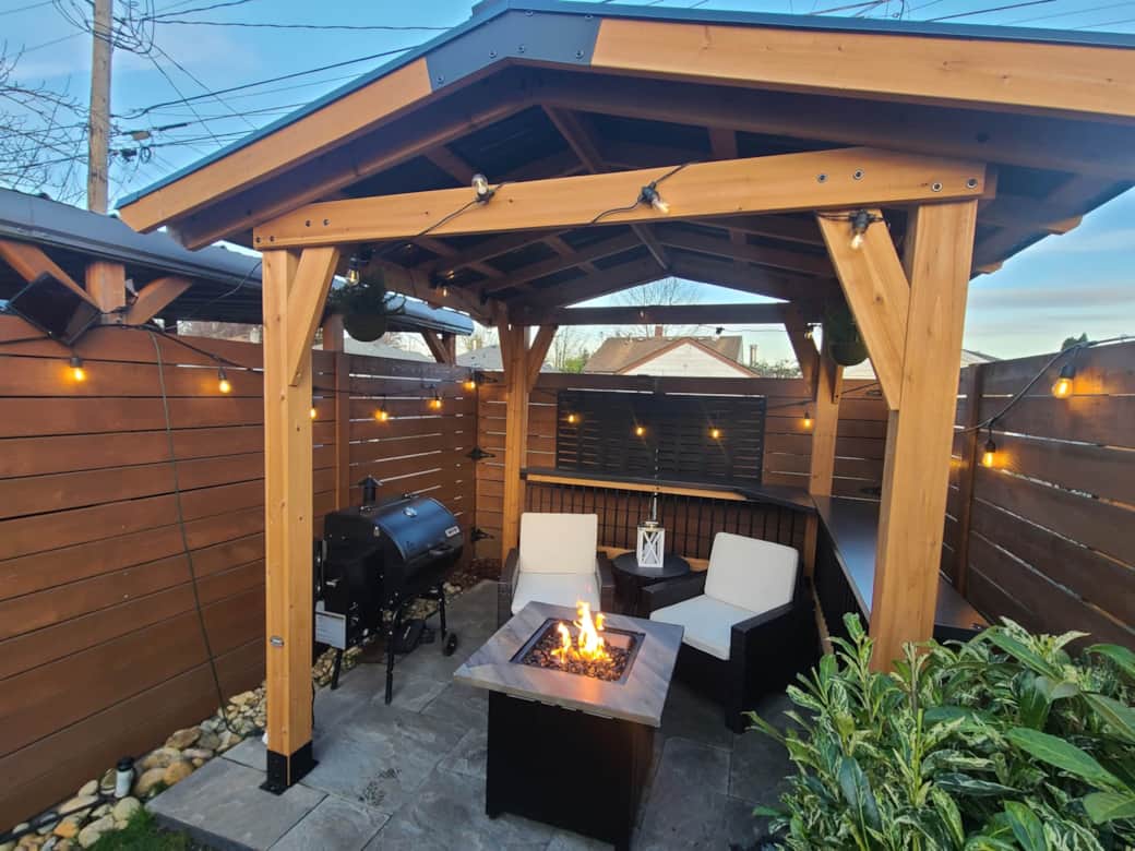 new gazebo with push start fire pit and smoker grill