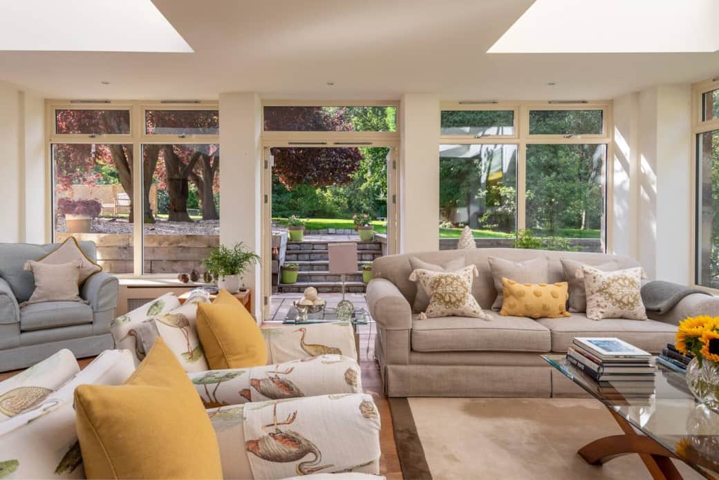The Orangery looking onto the gardens, heated all year, underfloor heating and artificial Gas Fire