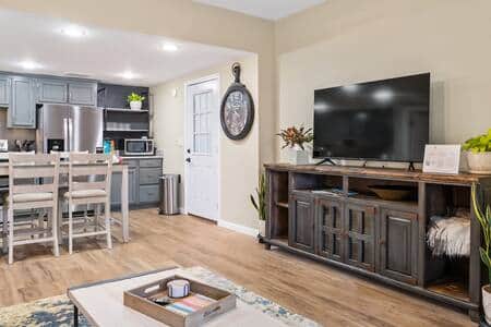 A 55" Smart TV with a DVD player is available to you during your stay.  