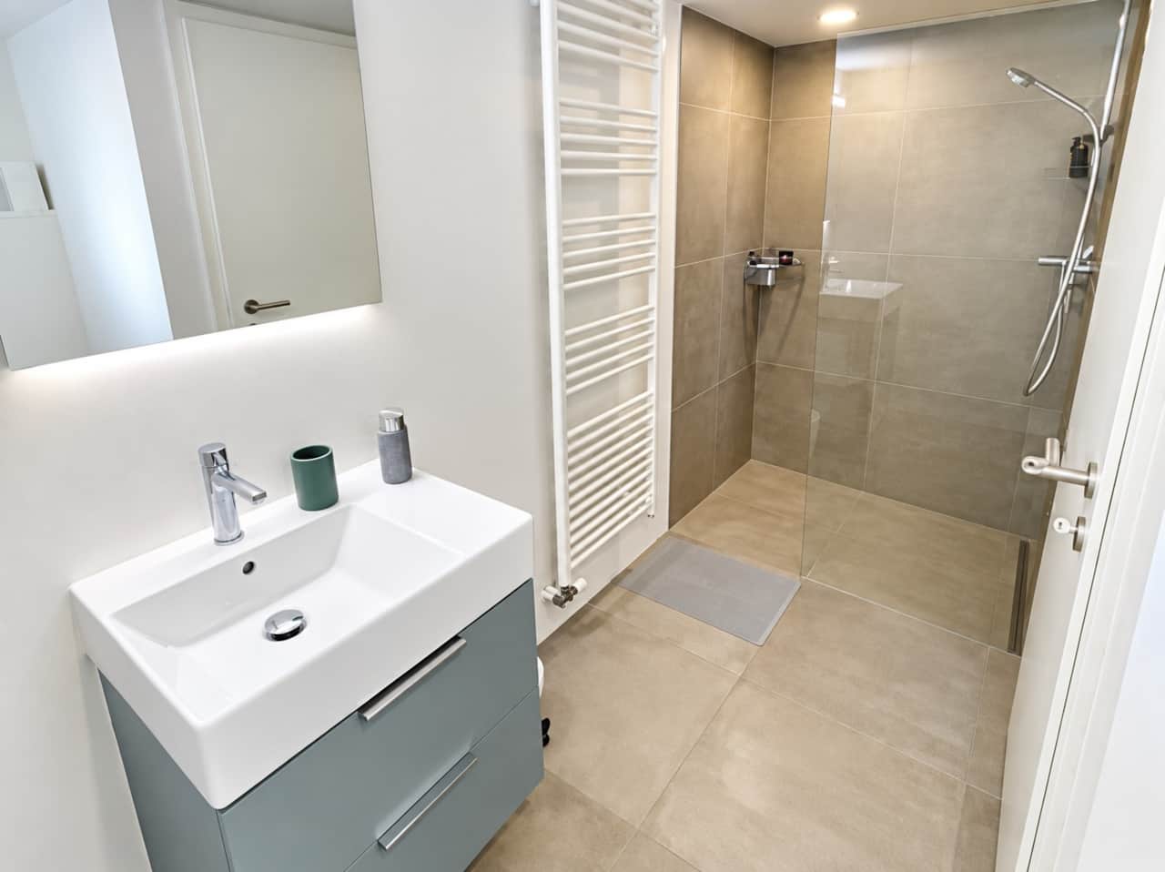 Salle de bains avec douche et toilettes