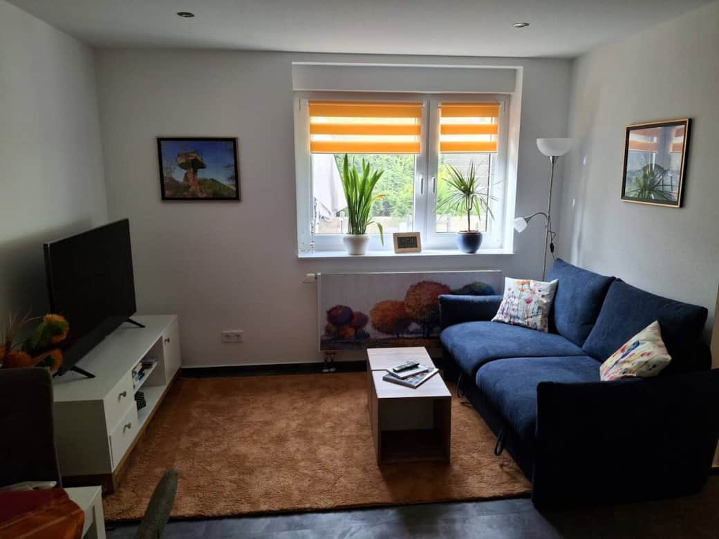 Die gemütliche Wohnecke mit ausklappbarem Sofa und 50 Zoll Fernseher lädt zu einem bequemen Filmeabend ein.