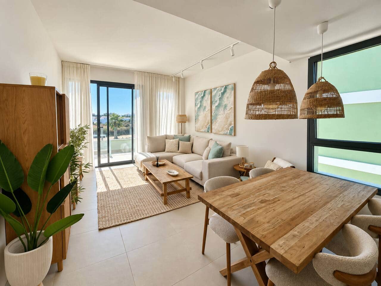 Bright open-plan living and dining area opening onto the terrace.