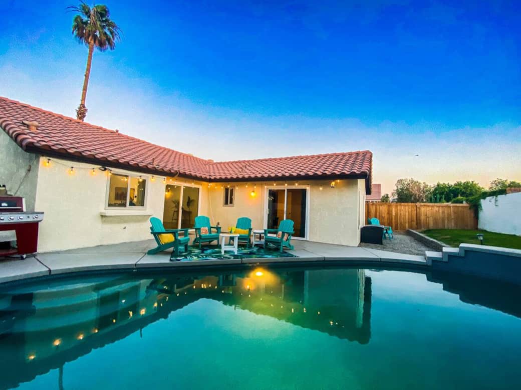 Sunsets await under the palm trees at The Funky Palm. You Have a BBQ, patio furniture, lounge chairs, and of course our heated pool and spa to enjoy. The extra fee for pool heat is $75/day.