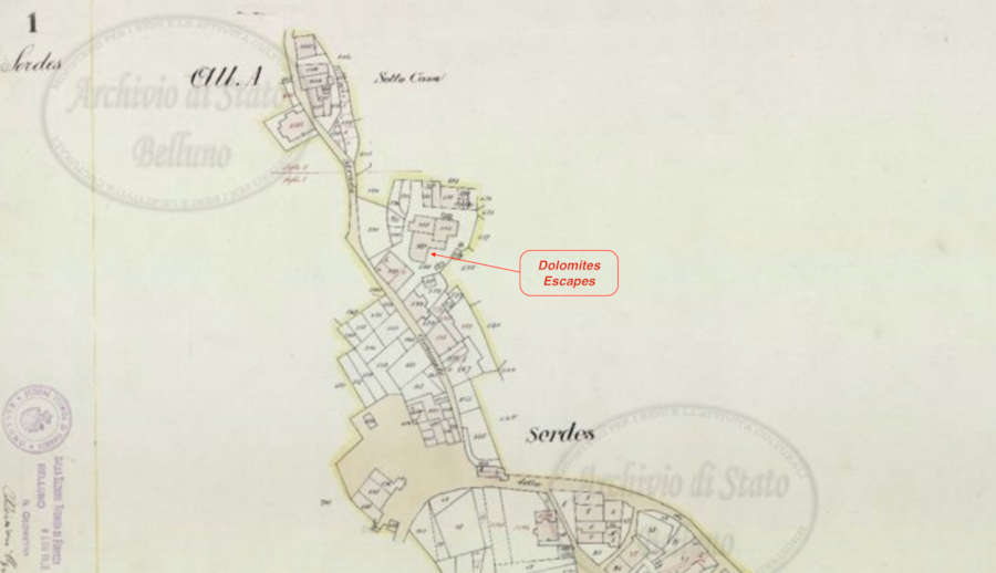 Historic map and archival documents relating to Ciasa de Tòful in San Vito di Cadore