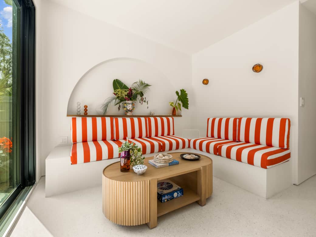 Italian Riviera Beach Club inspired game lounge. Sunbrella fabric withstands damp swimsuits.