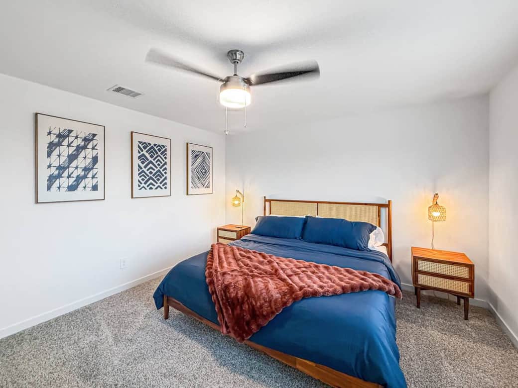 Comfortable King sized bed with a 5 star rated memory l foamed mattress. Enjoy plush pillows and the extra soft blanked to keep warm. End-tables and extra lighting embraces you reading and electronic device storage needs.