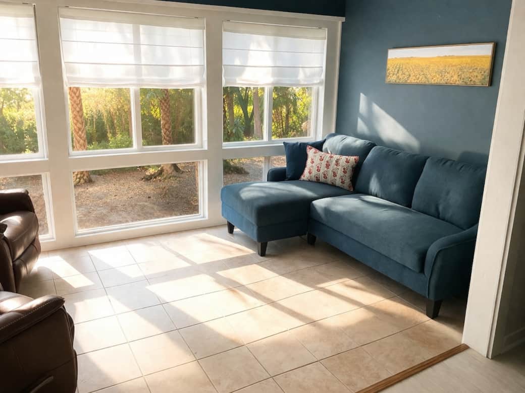 Blue couch folds out into full size bed
Plus 2 cozy recliners 