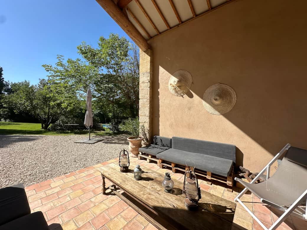 terrace, garden furniture, sofas, chairs, tables, parasol, decoration