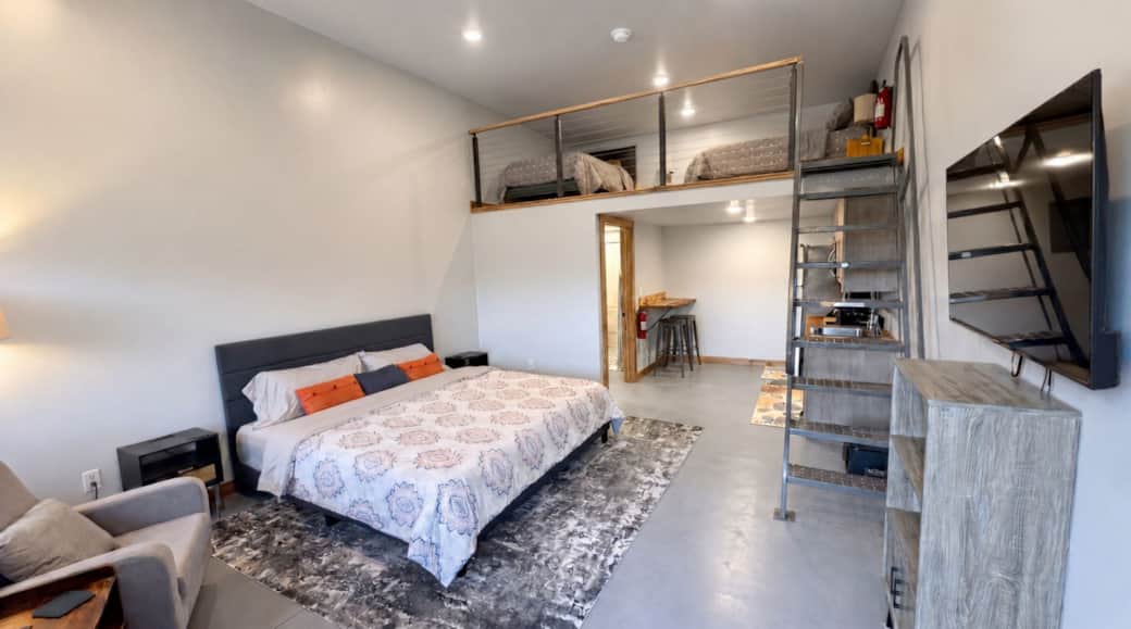 Open concept entrance showing the modern cabin layout in the Black Hills, SD.