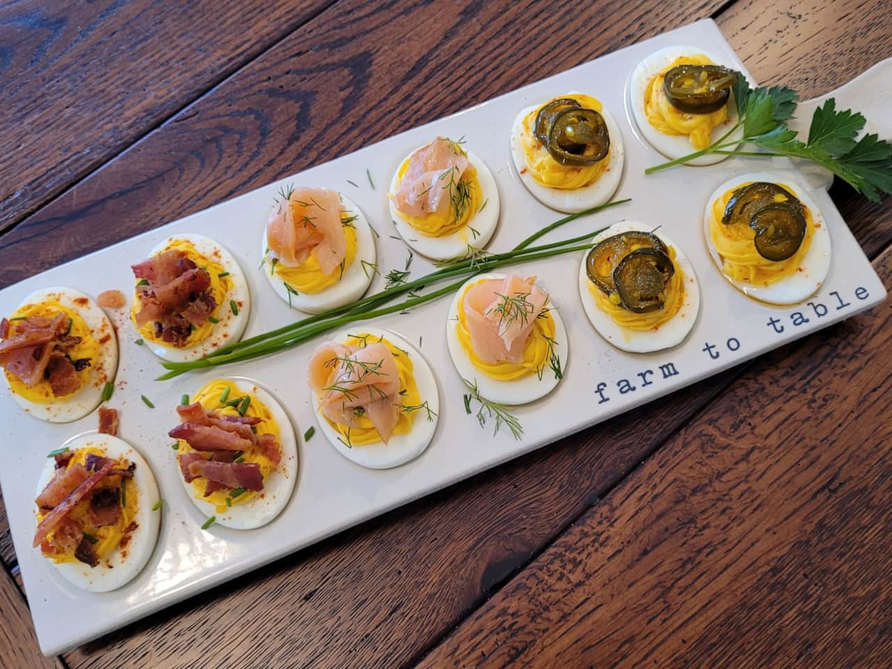 Deviled Eggs 3 Ways (bacon, salmon, candied jalapeno)