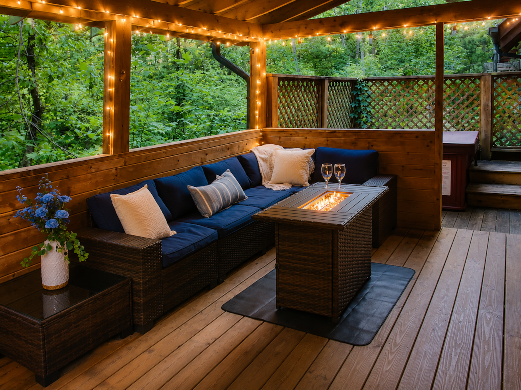 Cozy covered deck with fireside seating and forest views at A Peaceful Retreat