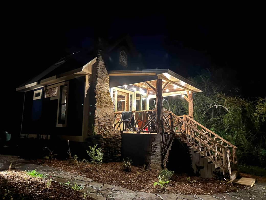 The Fairytale Cabin glows under a starry sky. We have twinkle lights around the porch and deck. There is zero light pollution and tons of birds and wildlife.
