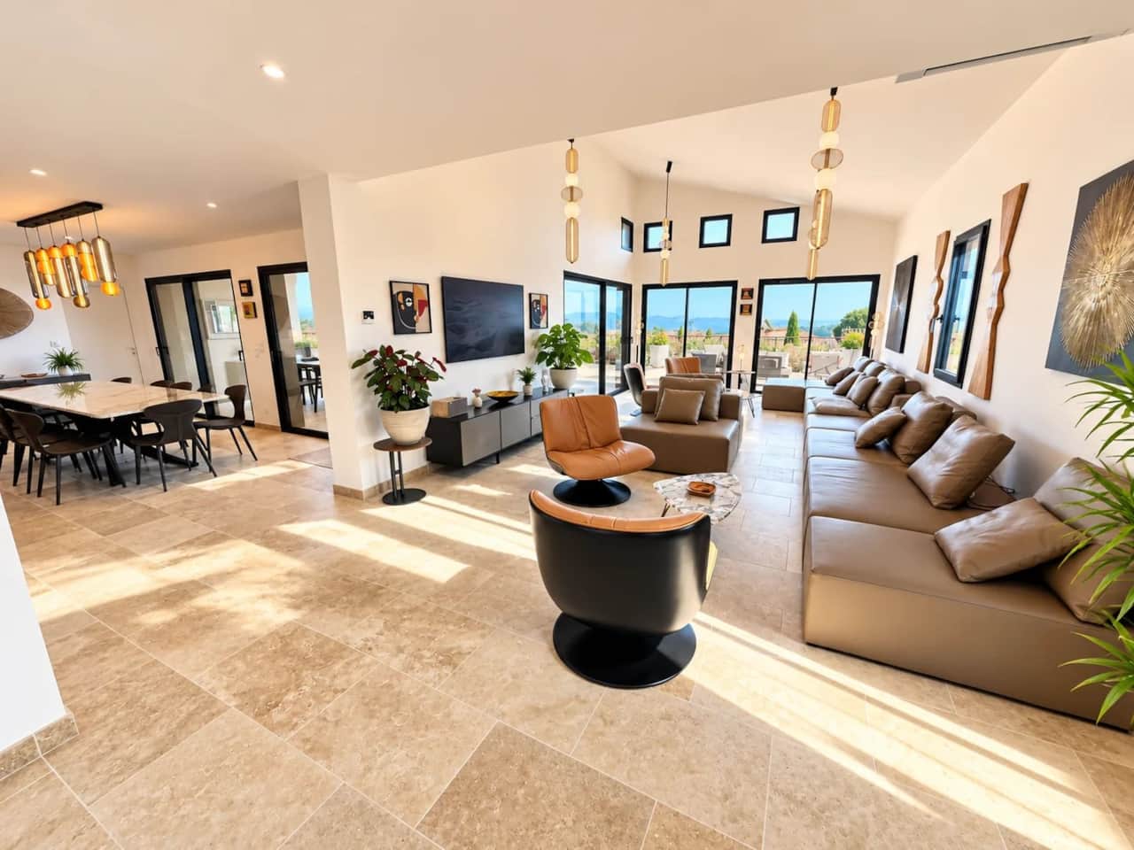 Living room with seating for 12, large screen TV and sliding doors with views of the mountain.