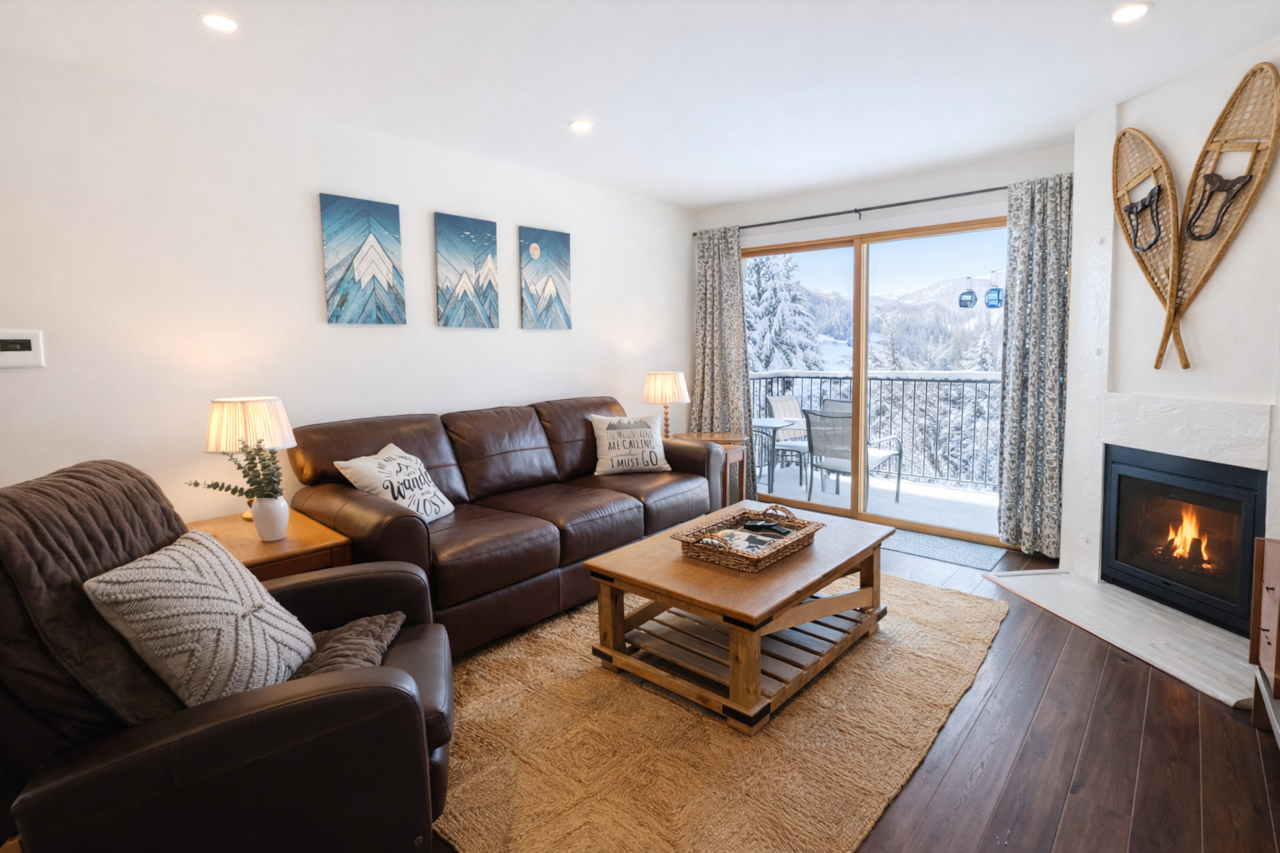 Living room with sleeper sofa, fireplace and 72" smart tv