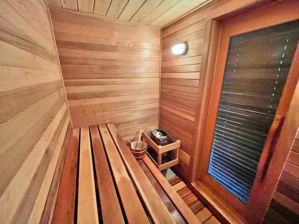 Decompress in the sauna's fresh cedar scent with our sauna towels and your own beverage.