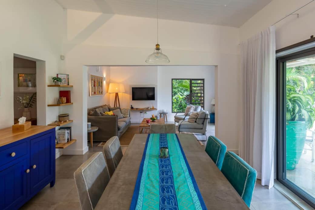 Dining table interior overlooking living room area 