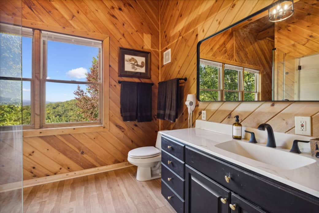 Large master bath with shower and renovated  vanity