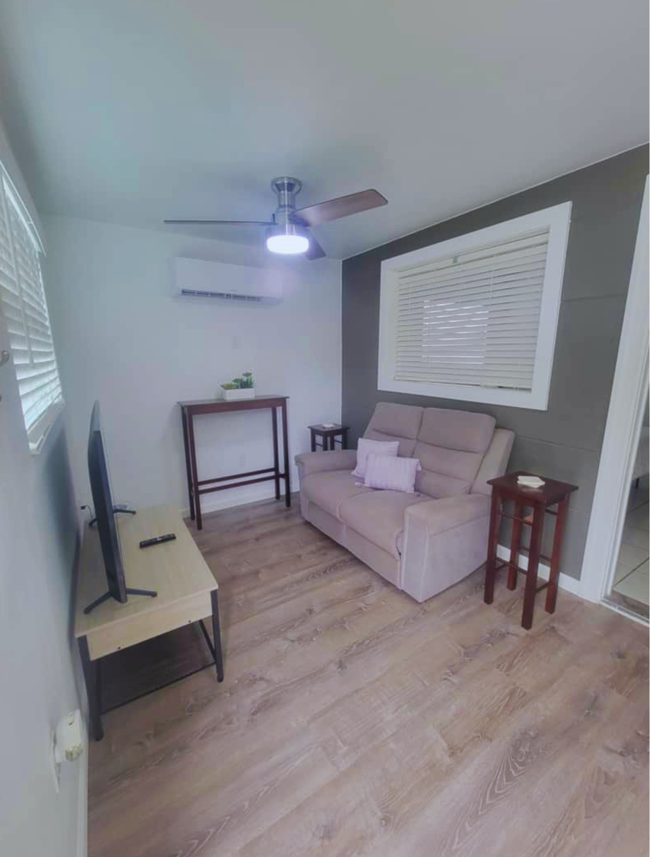 Bright living room with sofa, Smart TV and decorative pillows. Lakeland, FL
