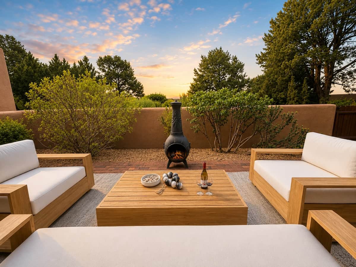 Teak lounge seating, chiminea, and sunset views over the high desert.