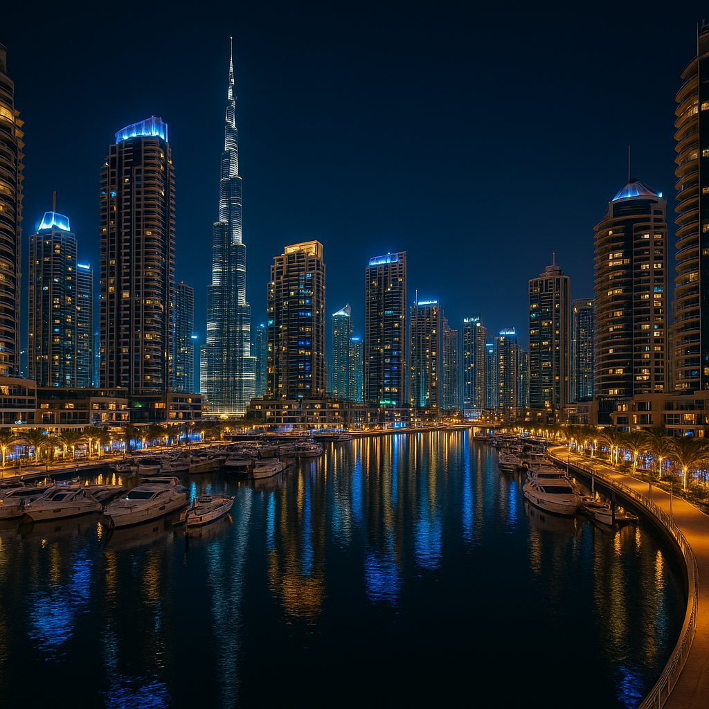 Dubai Marina skyline at night
