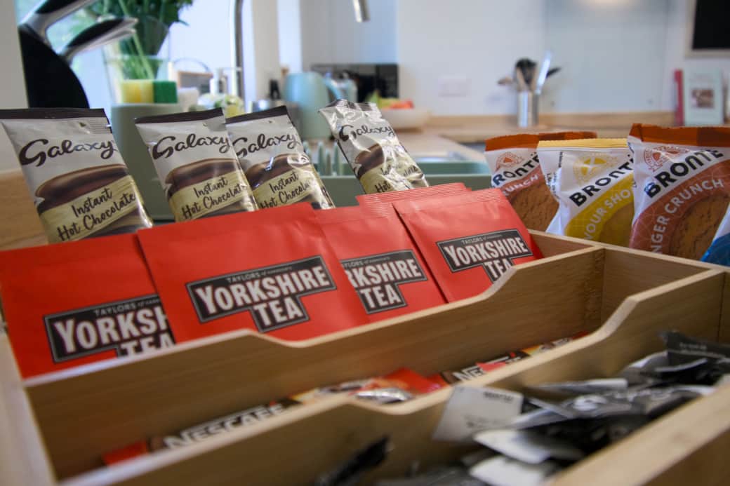 Complimentary welcome pack with tea, coffee and treats on arrival