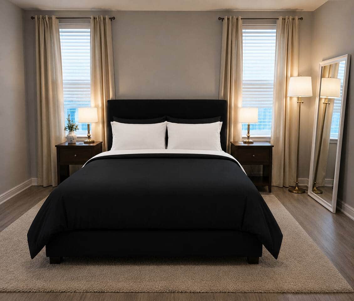 Modern and cozy bedroom featuring a plush black bed with luxury bedding, large closet space, Roku smart TV, and warm modern decor. Perfect for relaxing with comfortable seating, natural light, and a clean contemporary design.
