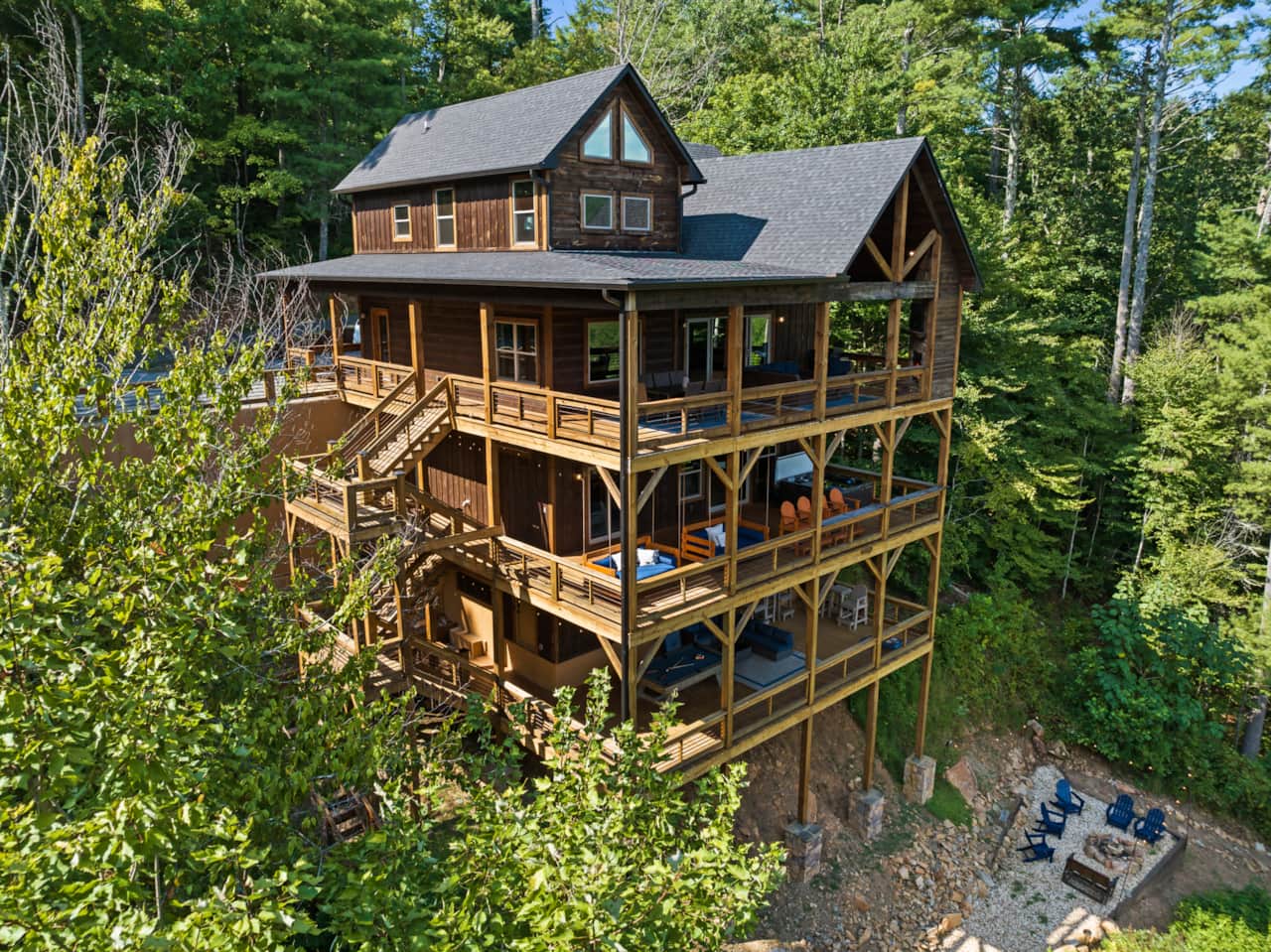 Three level mountain cabin surrounded by North Georgia forest
