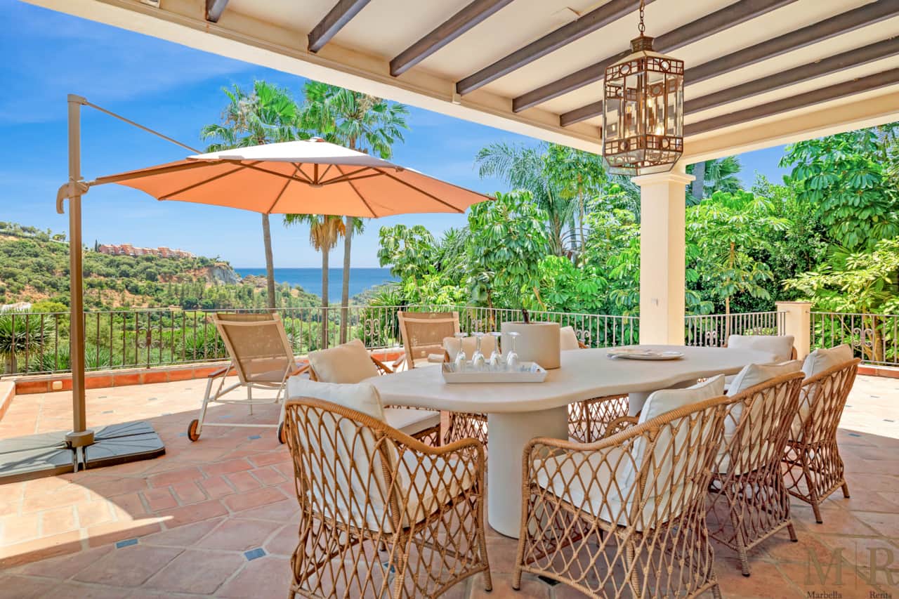Outdoor dining with sea view.