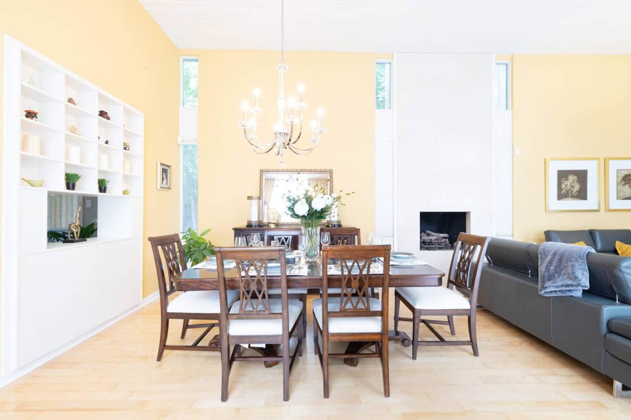 Dining area with 14 feet high ceilings