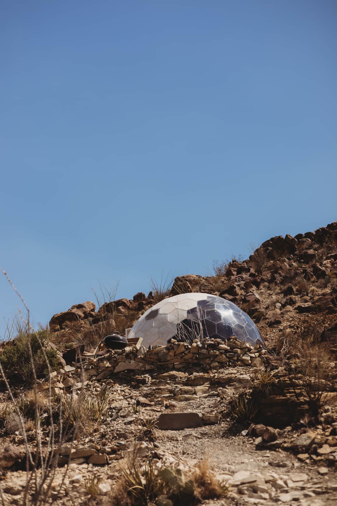 Space Pod 009 geodesic dome on the desert hillside