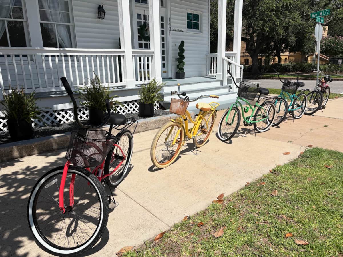 White Magnolia bikes available for guests to cruise around Galveston