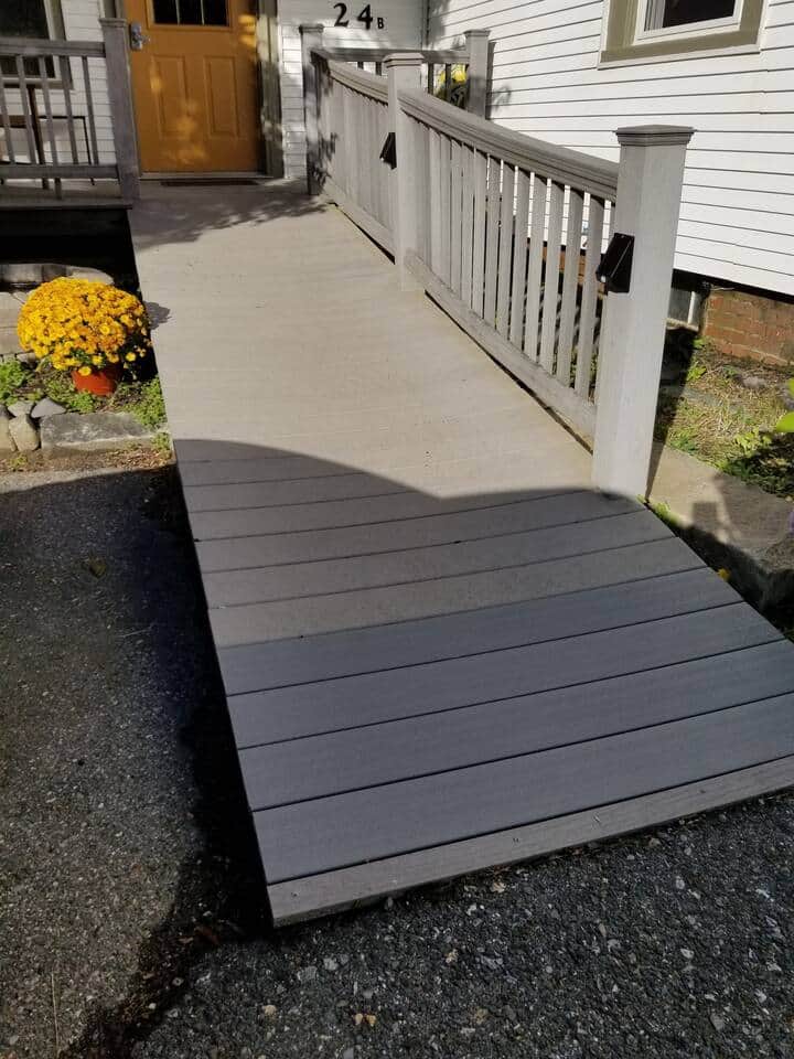48" wide access ramp has motion sensing lights on the posts.