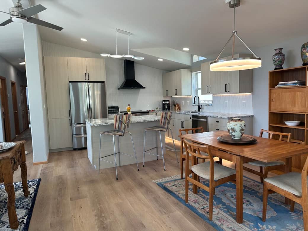 Teak dining room table, and bar seating