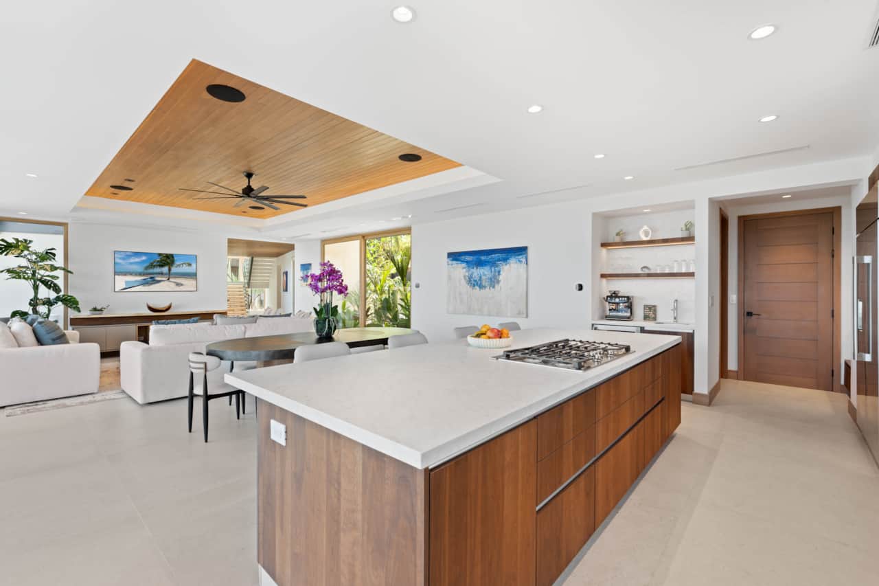 Kitchen island with quartz countertops at Villa Zaya