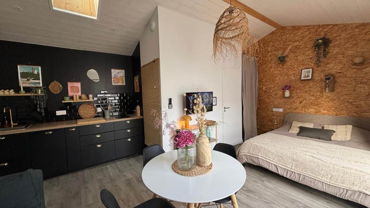 Pièce de vie lumineuse, coin repas et lit Queen Size