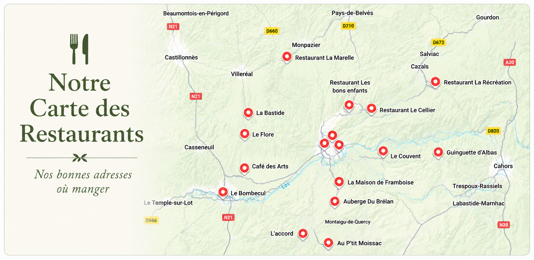 La carte de nos restaurants préférés Montayral et Lot Valley