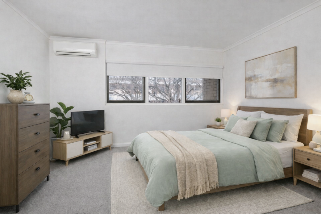 Room 1: Spacious king bedroom with a calming neutral palette, soft natural light, and a comfortable workspace—ideal for rest and longer stays