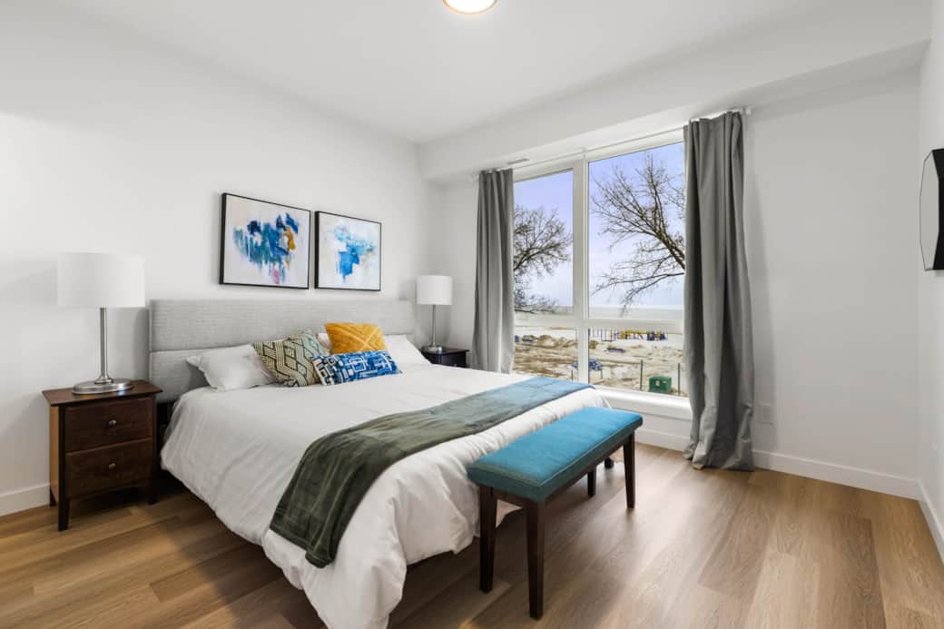 King size bed and a view in the primary bedroom