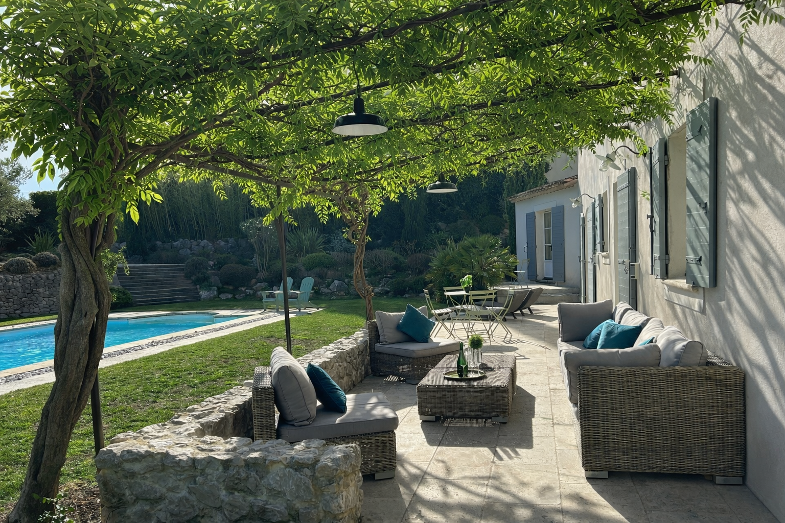 Seating under the wisteria