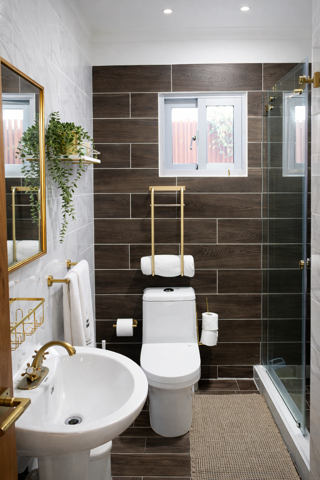 Modern bathroom with walk-in glass shower, gold fixtures, and elegant tile finishes.