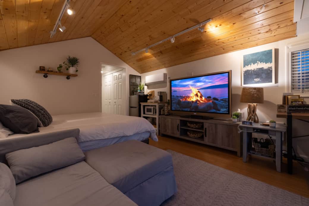 king size casper bed | big screen tv | ductless A/C unit