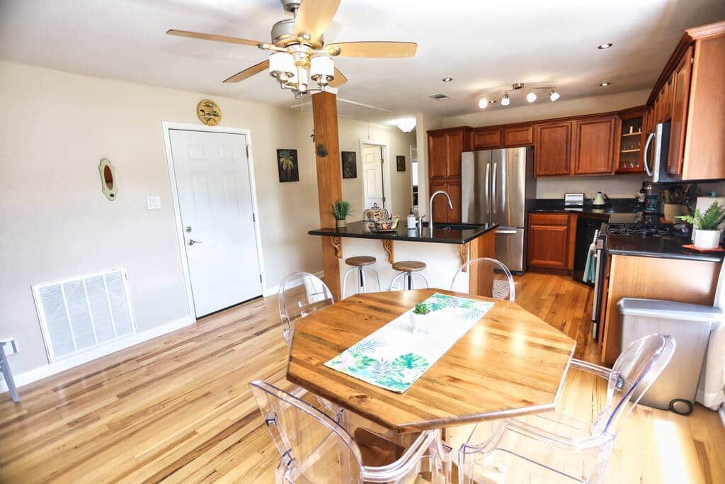 Dining room 
Pedestal table hand crafted in Montana using genuine lodge pole pine.