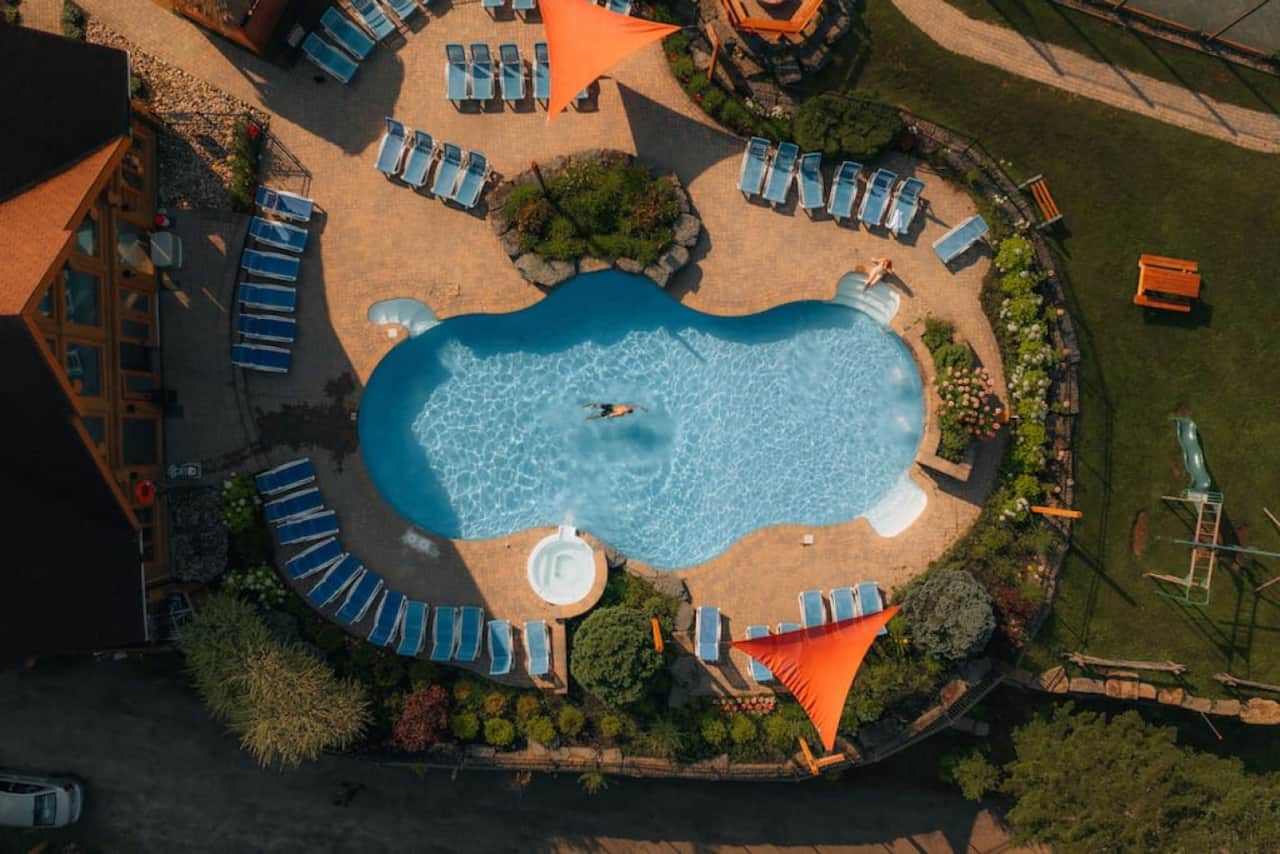 Outdoor heated pool aerial view of Fiddler Lake Resort