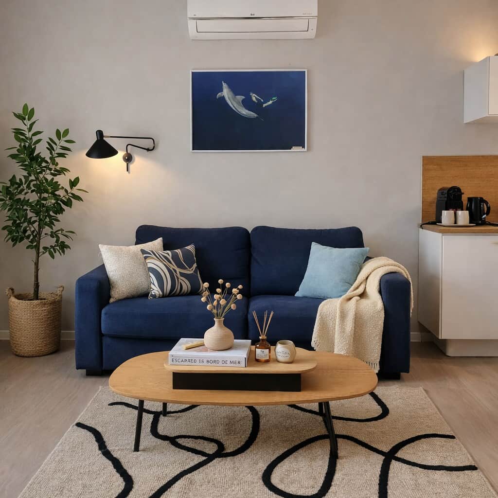 Profitez d’un salon moderne et lumineux avec canapé douillet, coin café à disposition et décoration soignée, un véritable cocon pour un séjour confortable. Le tapis du salon a été remplacé afin d’améliorer encore le confort et l’esthétique. Profitez d’un salon moderne et lumineux avec canapé douillet, coin café à disposition et décoration soignée, un véritable cocon pour un séjour confortable. Le tapis du salon a été remplacé afin d’améliorer encore le confort et l’esthétique.