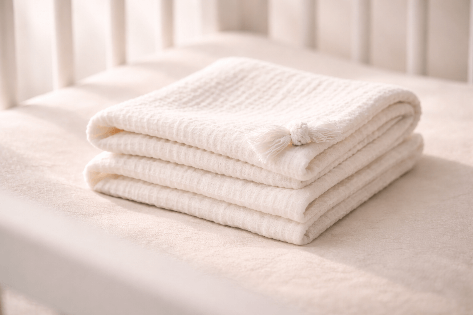 Sauber gefaltete weiße Handtücher auf dem Bett, frische und gepflegte Ferienwohnung