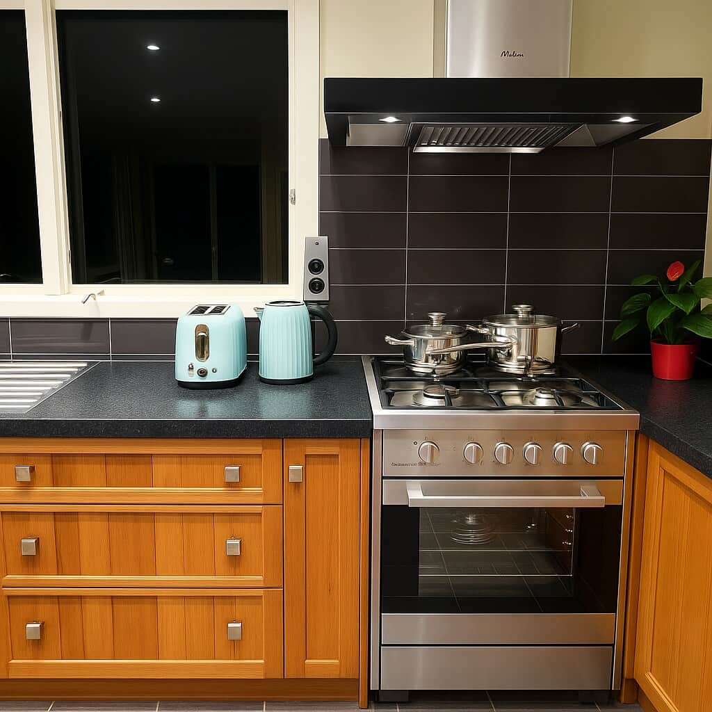 Cook with ease in this well-equipped kitchen featuring a gas stovetop and oven, modern range hood, and sleek black tile backsplash.