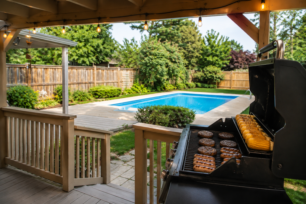 Grill dinner poolside while everyone enjoys the backyard oasis. Grill dinner poolside while everyone enjoys the backyard oasis.