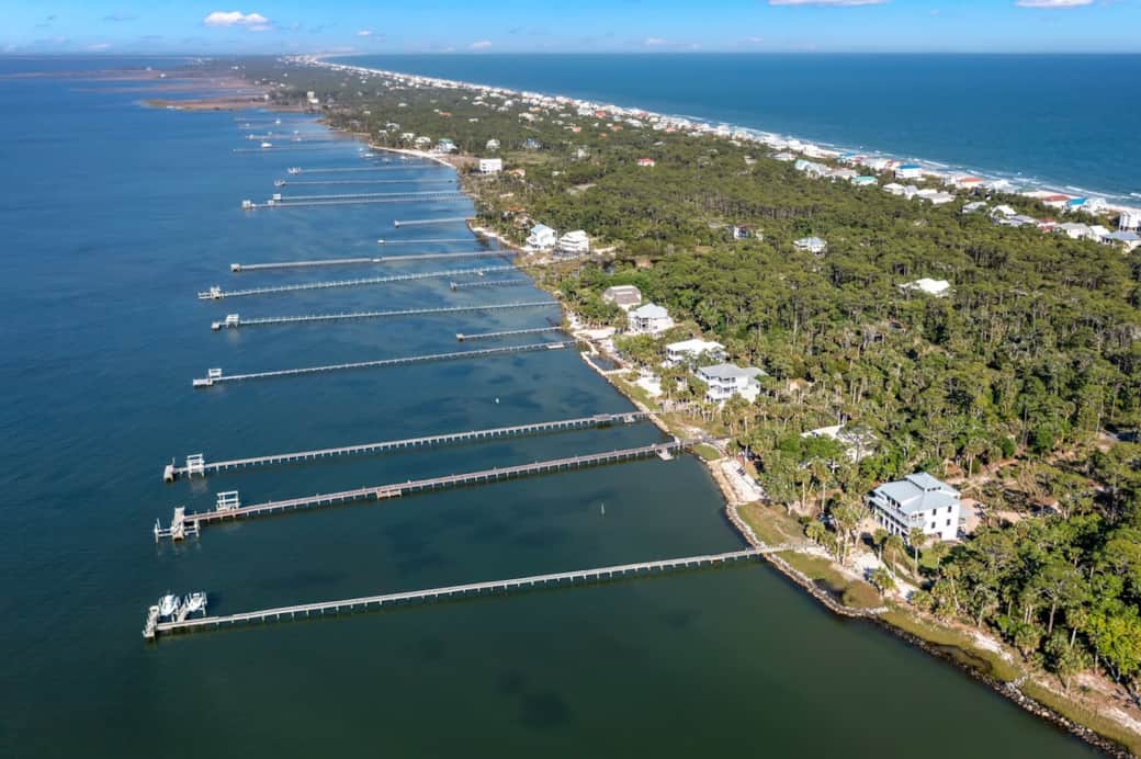 Aerial of the island showing the bay side of the island