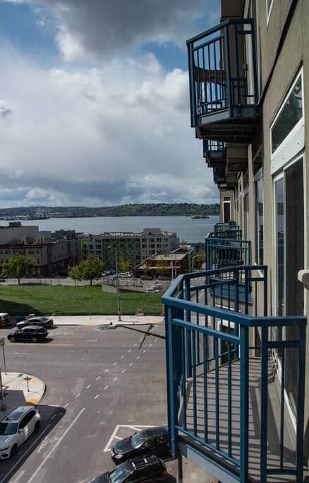 Private Balcony with beautiful water views of the Puget Sound and downtown Seattle